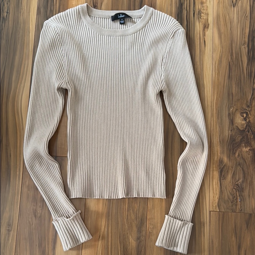 Lulu's Beige Ribbed Long Sleeve Fitted Top